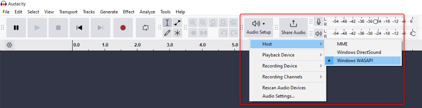Selecting a host for recording desktop audio in Audacity.