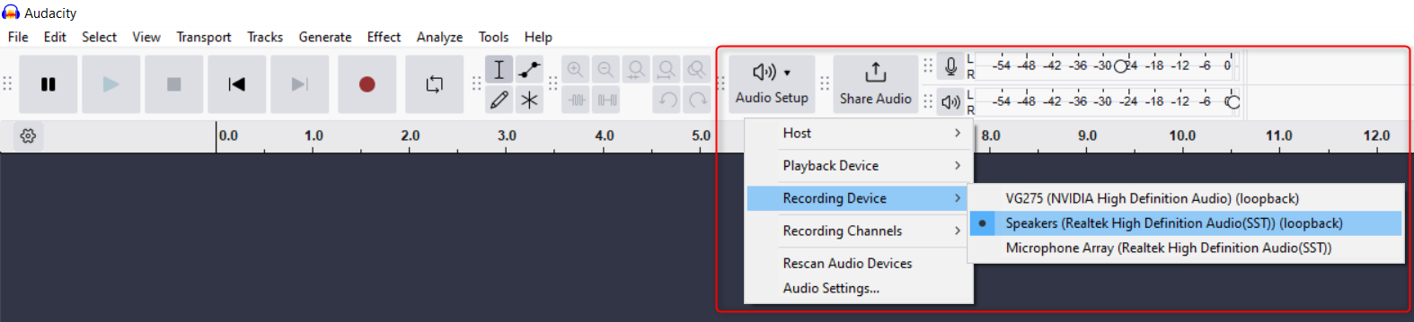 Selecting a loopback device for recording desktop audio in Audacity.