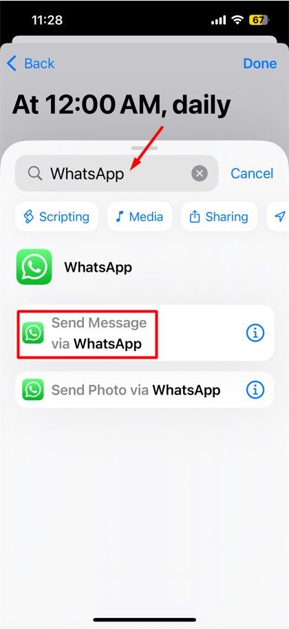 Send Message via WhatsApp option in Shortscut.