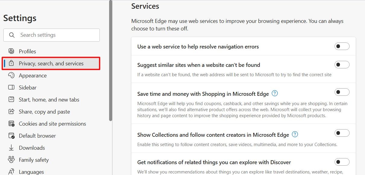 Services section in Edge.