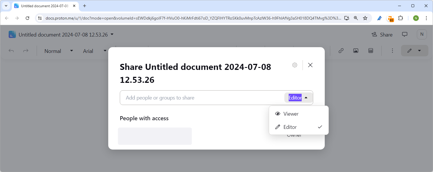 The Share Document dialogue in Proton Docs. 