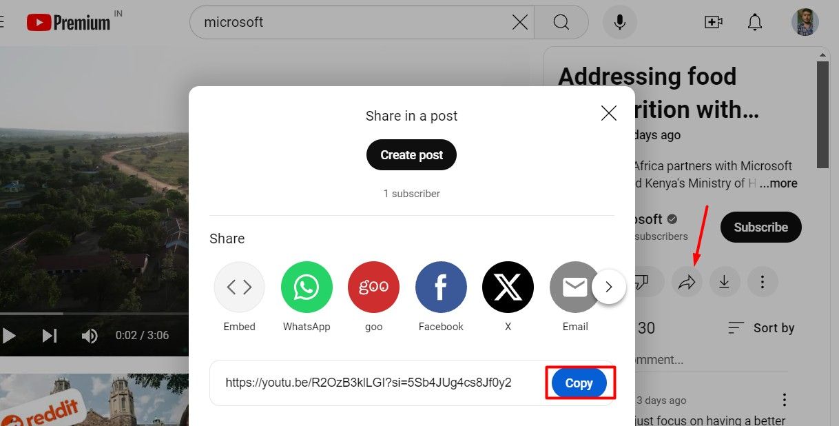 Share icon option on a YouTube video.