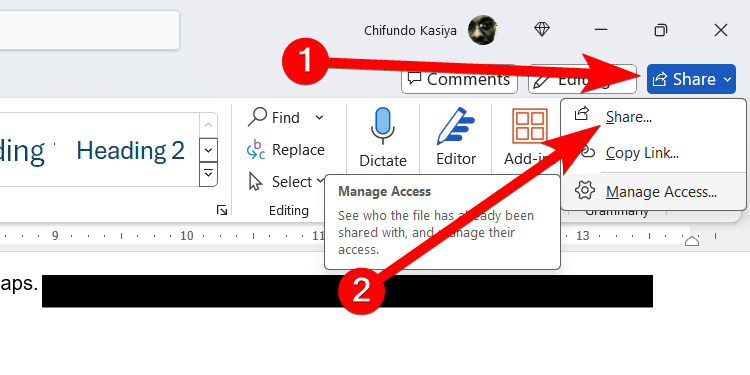 Steps to share a Microsoft Word document.