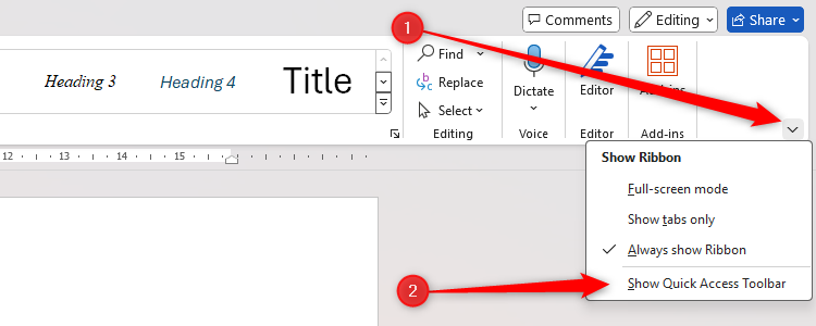 Microsoft Word's Show Quick Access Toolbar option.