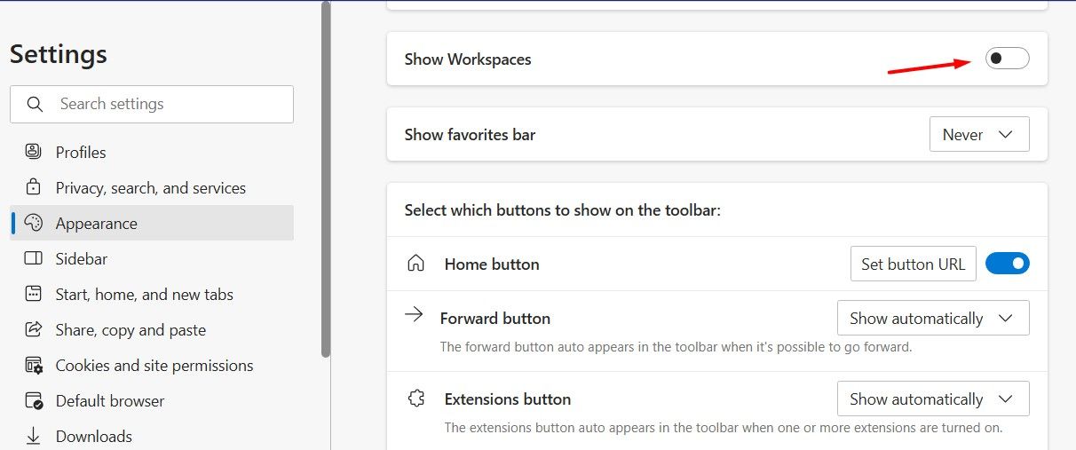 Show Workspaces toggle in Edge.
