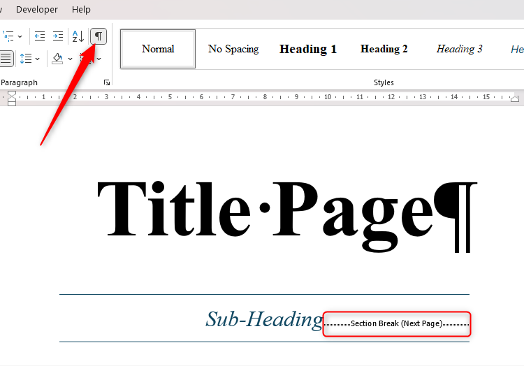 Word's Show/Hide icon selected, and a Section Break displayed on the page.