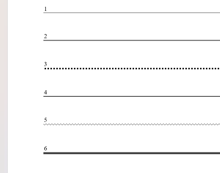 Six types of horizontal border lines in Word.