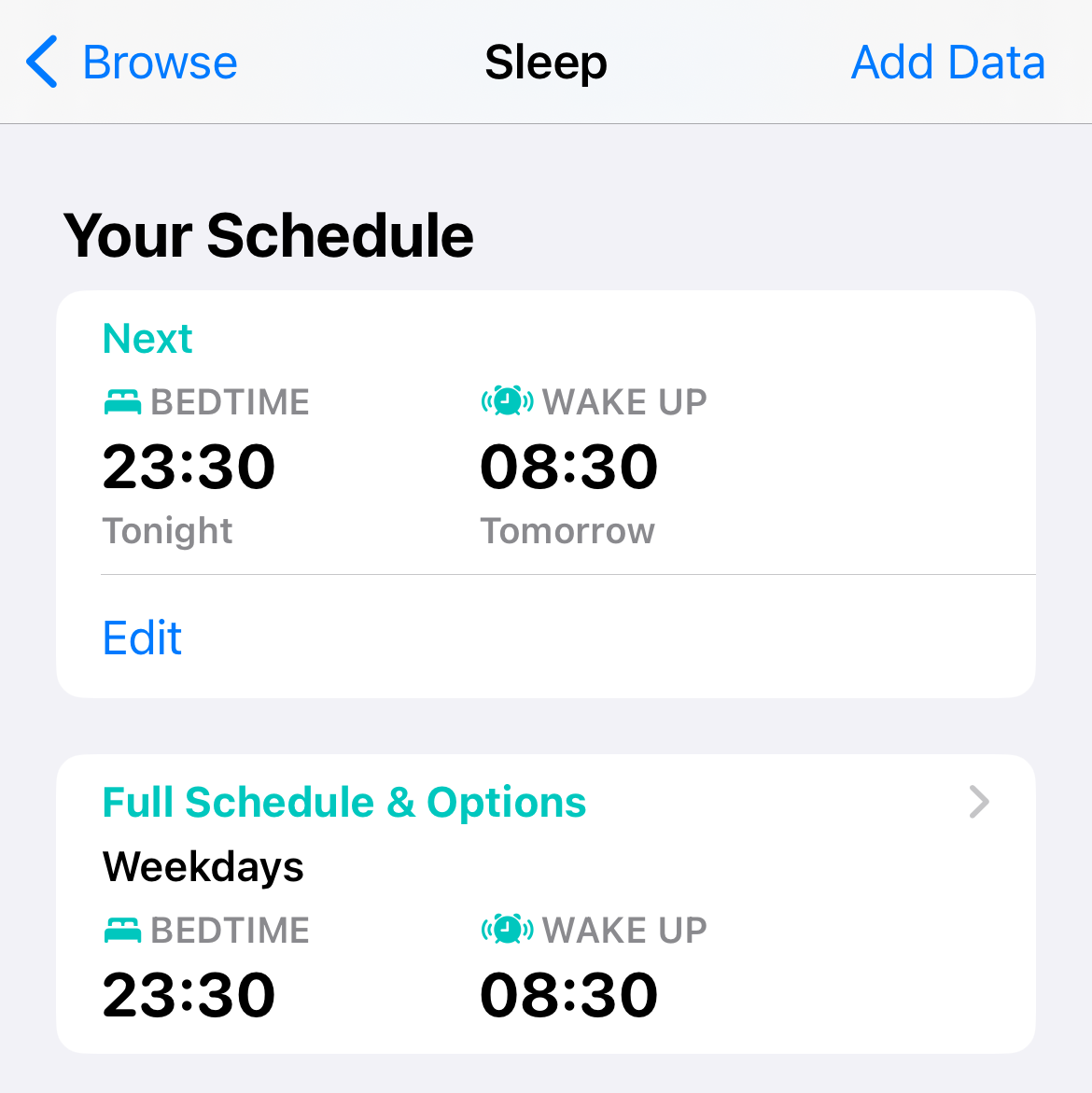 View full sleep schedule options in the iPhone Health app.
