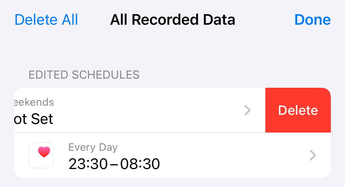 Deleting a sleep schedule under the Sleep section of the Apple Health app.