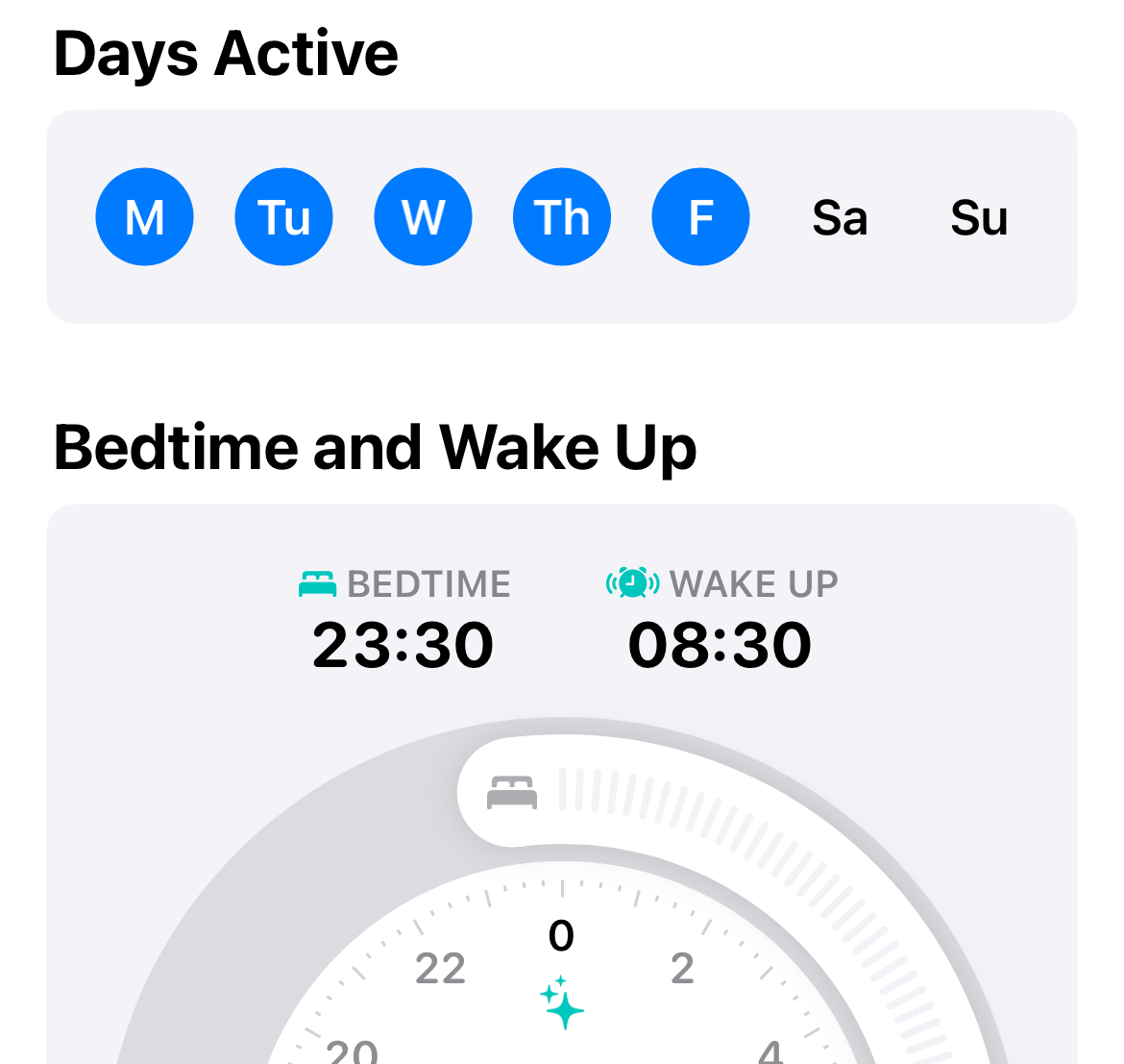 Select the days of the week and time to set up a sleep schedule.
