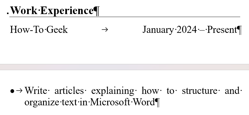 A resume in Microsoft Word with a title and the corresponding text split across two pages.