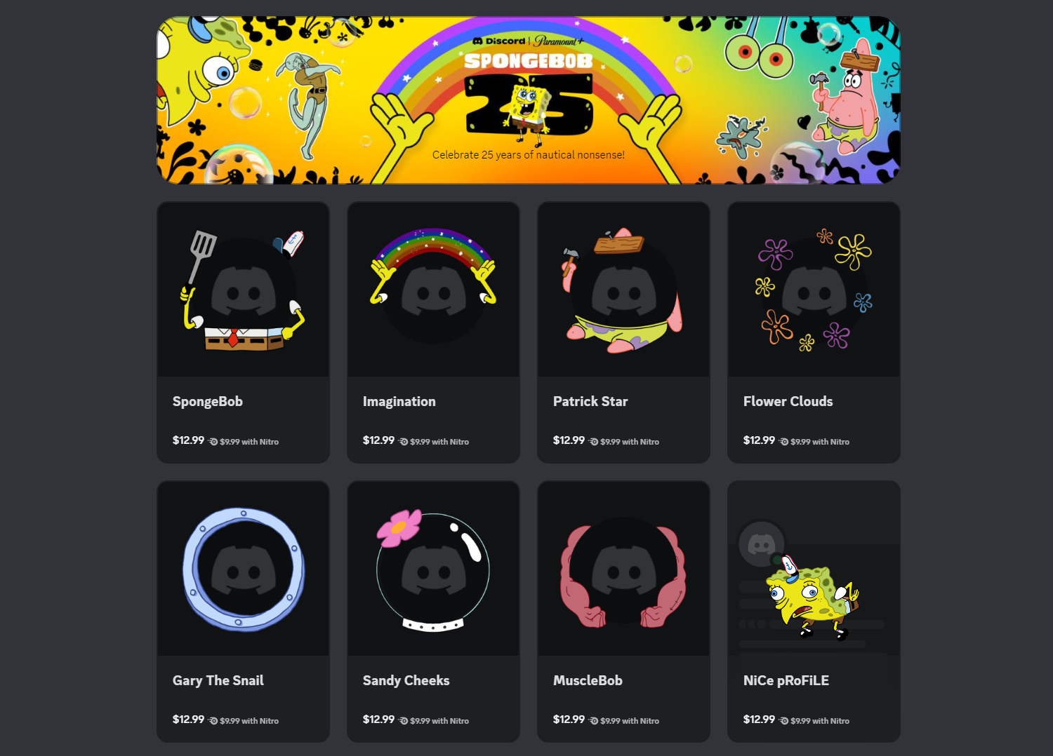 SpongeBob SquarePants items on the Discord shop.