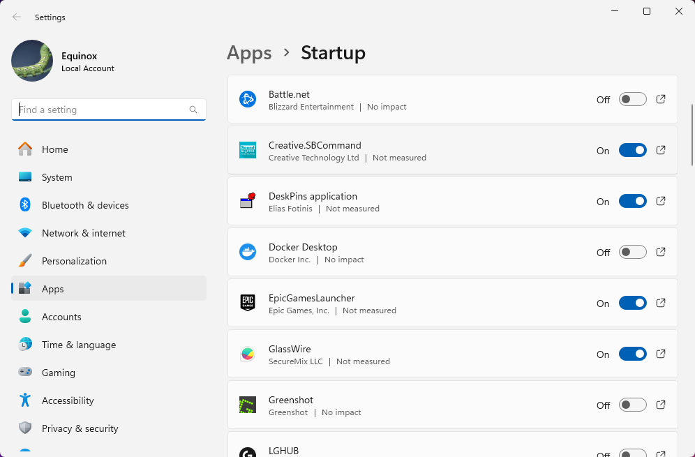 A mixture of enabled and disabled Startup Apps on Windows 11. 