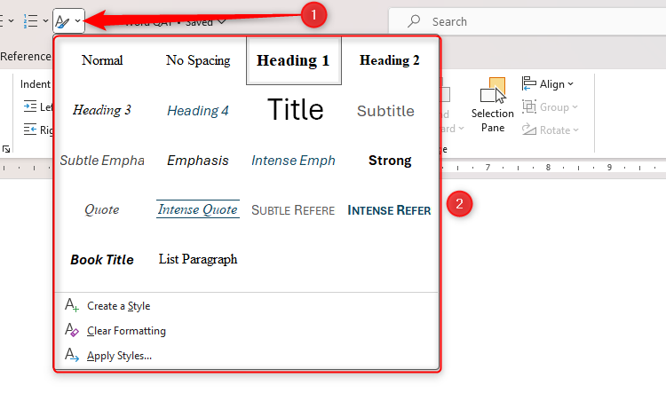Word's Quick Access Toolbar with the Style Gallery drop-down menu launched.