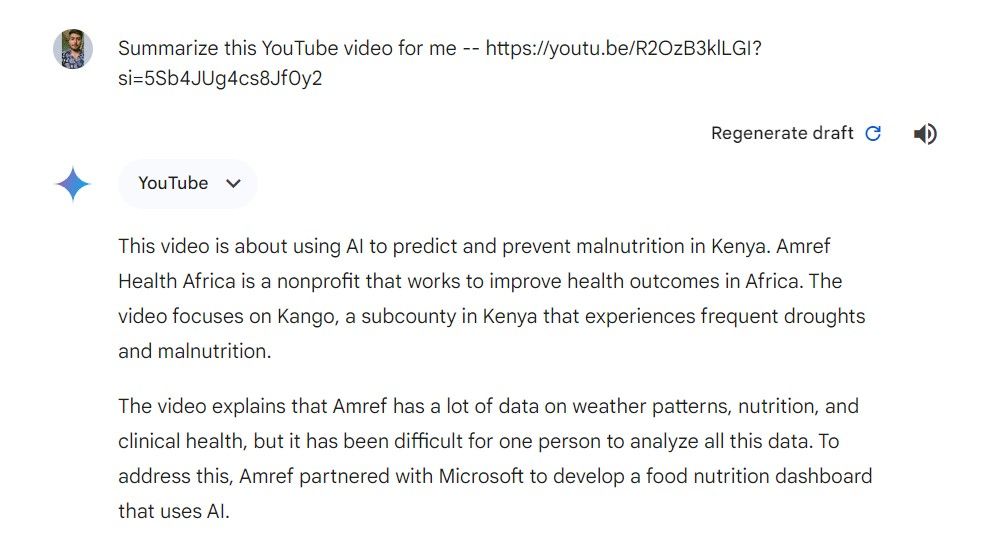Summarize this YouTube video for me prompt in Gemini.