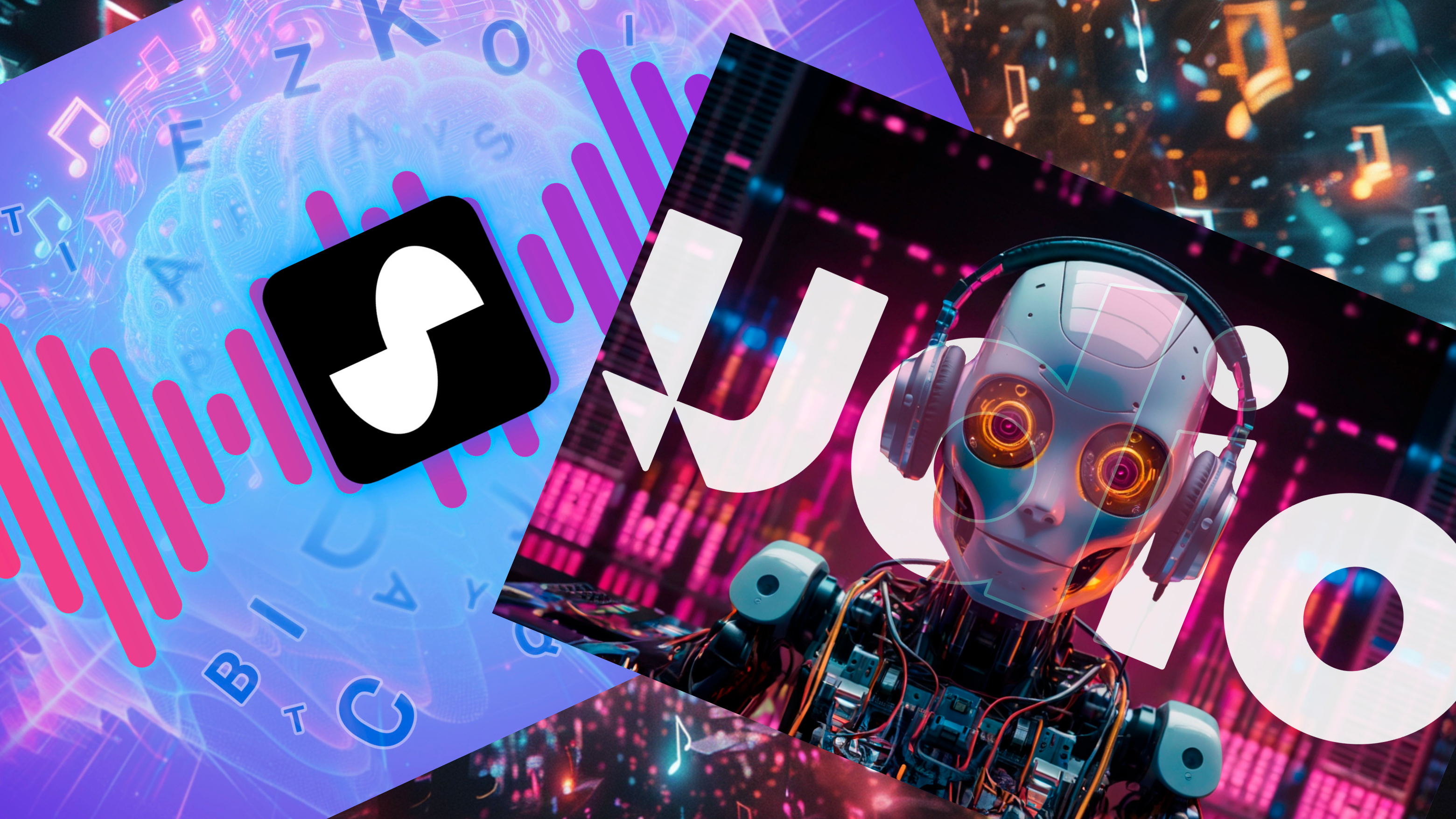 Suno logo and Udio logo in a AI geneated backdrop