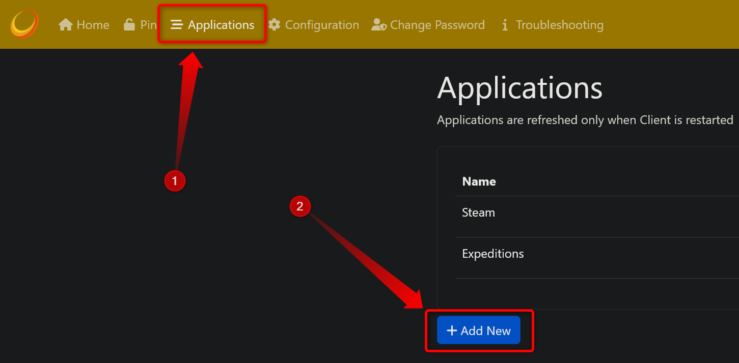 Sunshine web UI Applications tab.