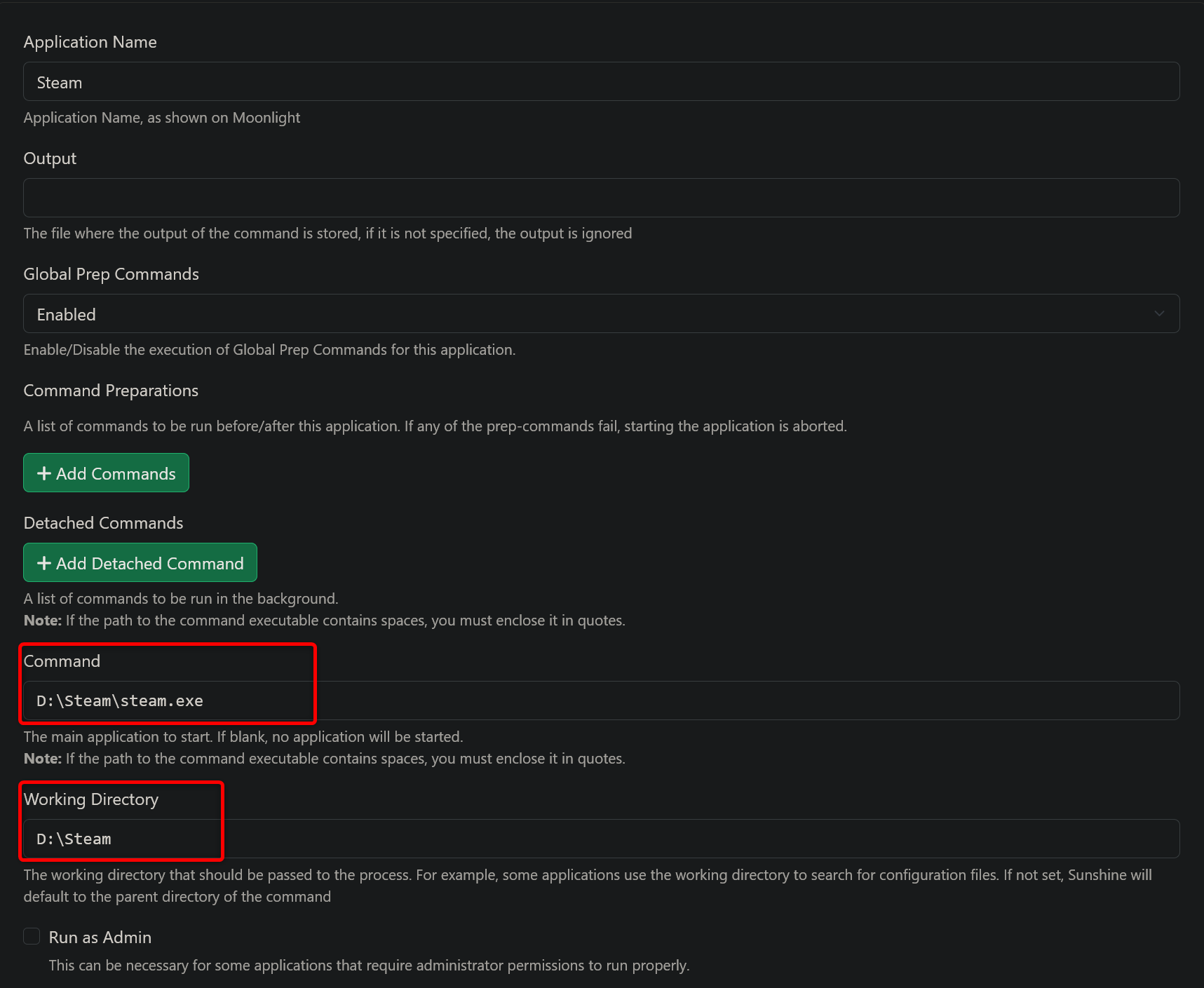 Sunshine web UI showing a full path to an application, Steam in this case.