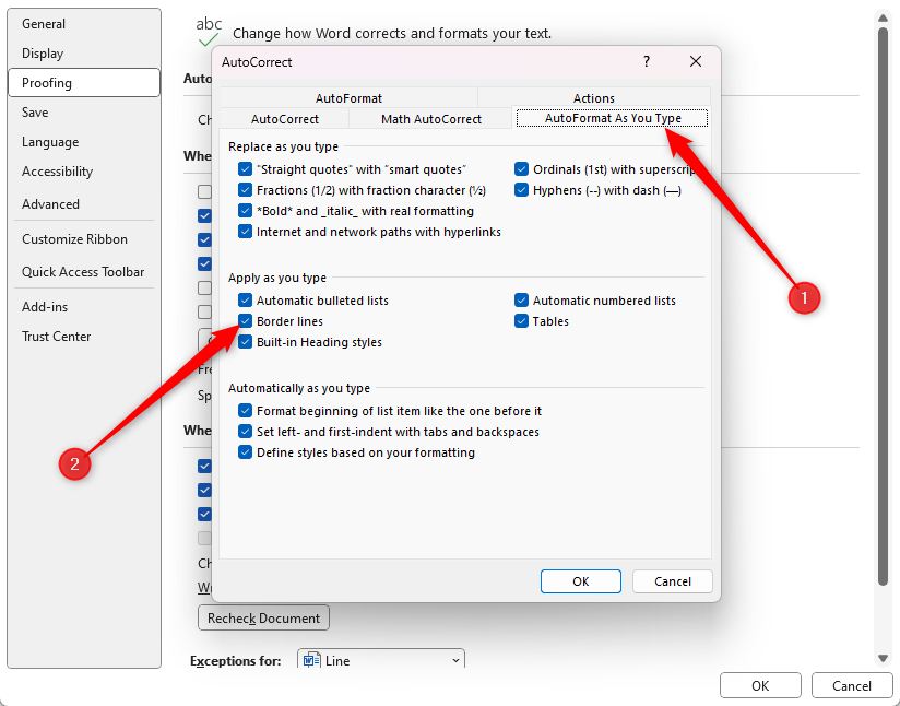 The AutoFormat As You Type Tab in the AutoCorrect options in Word, with Border Lines checked.