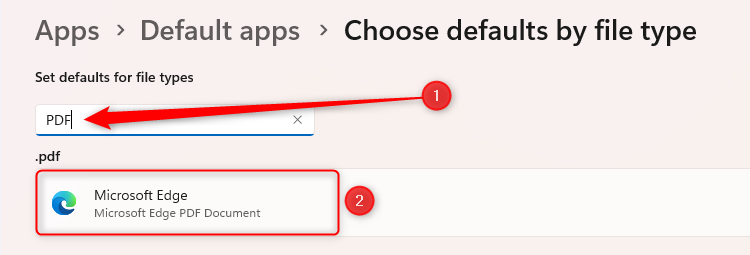 The Choose Defaults By File Type settings on Windows 11, with PDF typed into the search bar, and the default showing as Microsoft Edge.