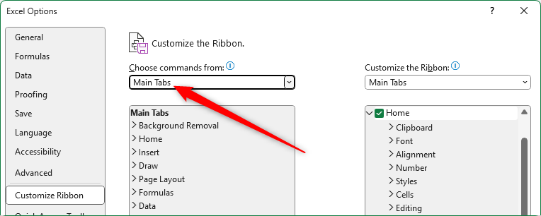 The Customize The Ribbon tab in Excel Options, with the Choose Commands From option changed to Main Tabs.