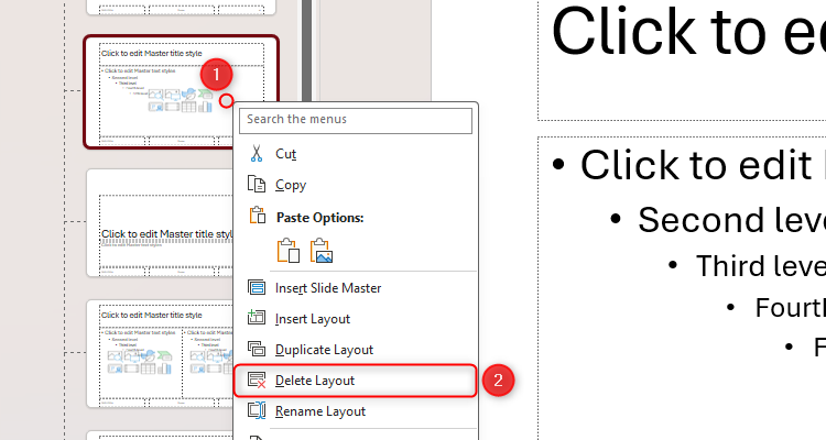 The Delete Layout option in PowerPoint's Slide Master.