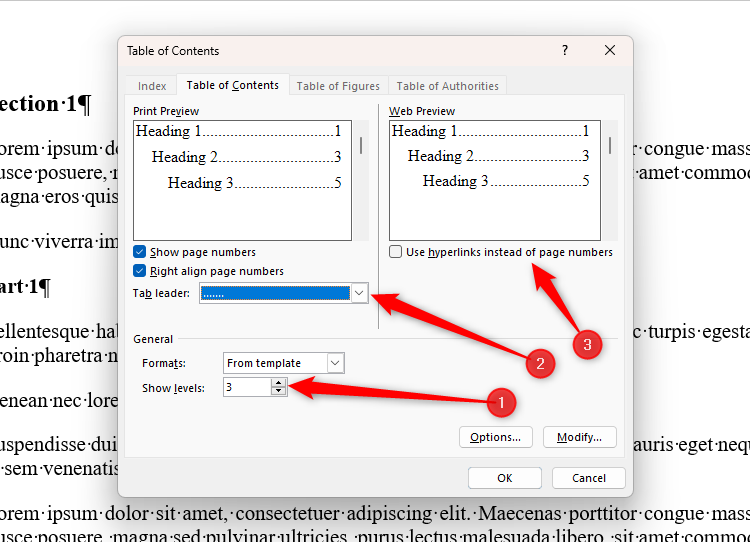 The different options available when customizing tables of contents in Word.