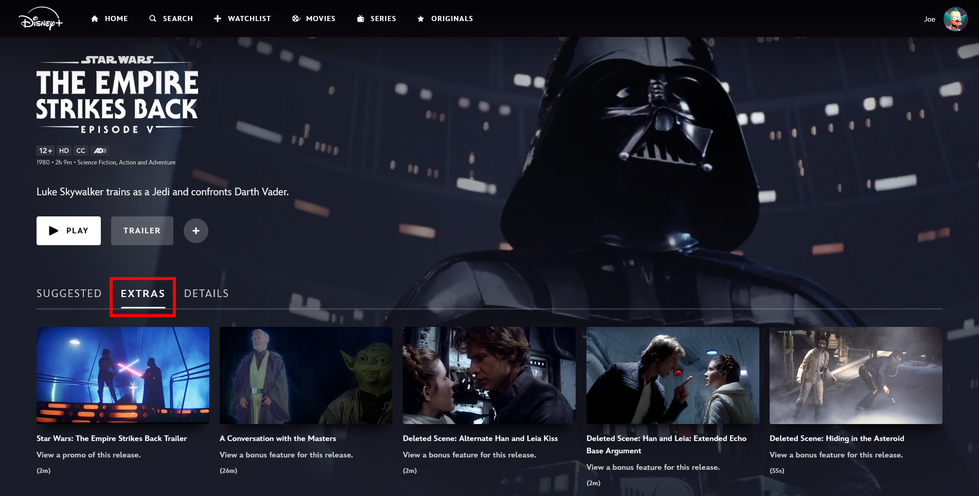 The Extras tab of The Empire Strikes Back on Disney+.