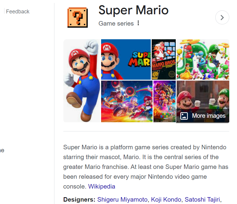 The Knowledge Panel for 'Super Mario' with a mystery block next to them