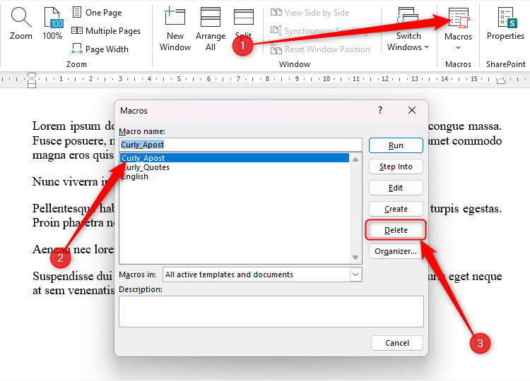 The Macros dialog box in Word, with a macro selected and the Delete button highlighted.