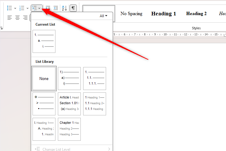 The multilevel list icon in Microsoft Word selected, with the options available displayed.