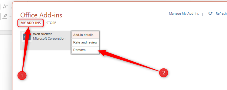 The My Add-ins window in PowerPoint, with the option to remove an existing add-in selected.