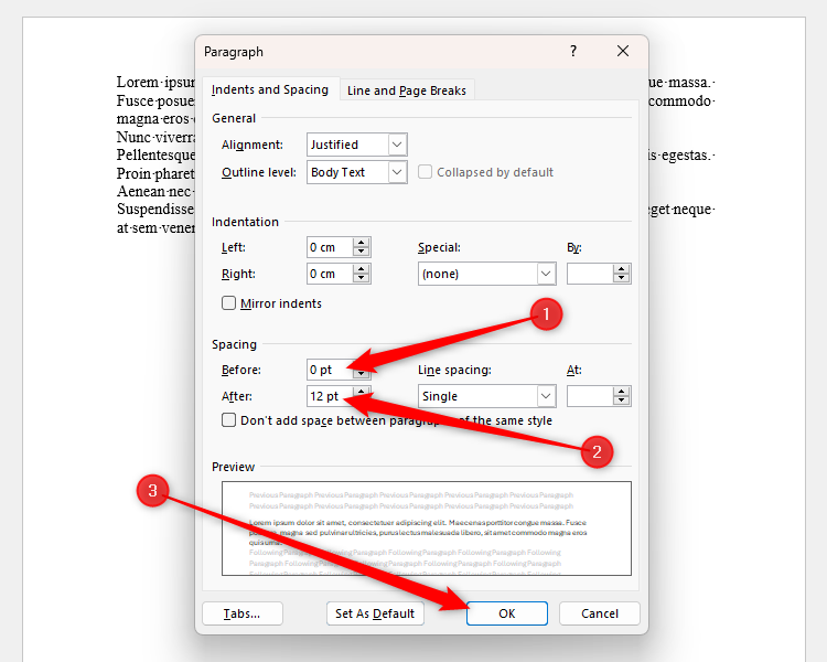 The Paragraph dialog box in Word, with Spacing Before set to 0 pt, Spacing After set to 12 pt, and the OK button highlighted.