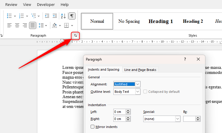 The Paragraph dialog box launcher in Microsoft Word