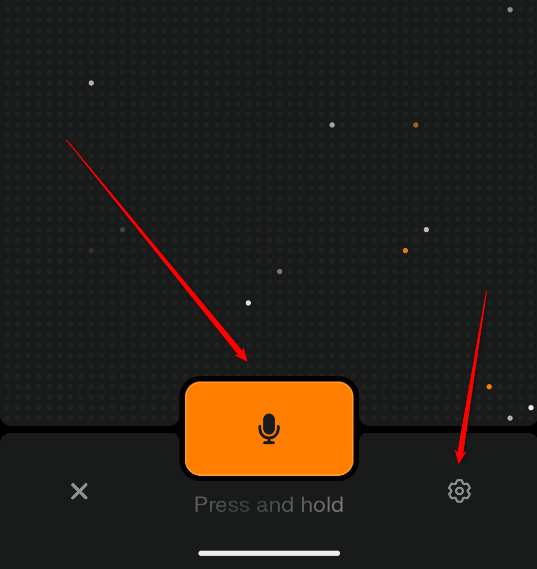 The Perplexity Voice Chat interface with arrows pointing to the microphone and settings buttons.