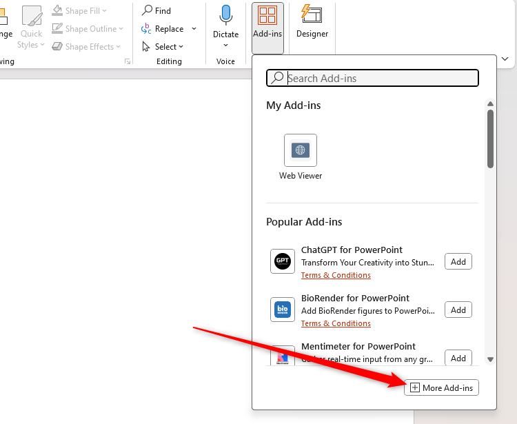The PowerPoint add-ins menu, with More Add-ins selected.