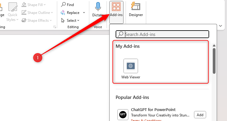 The PowerPoint add-ins menu.