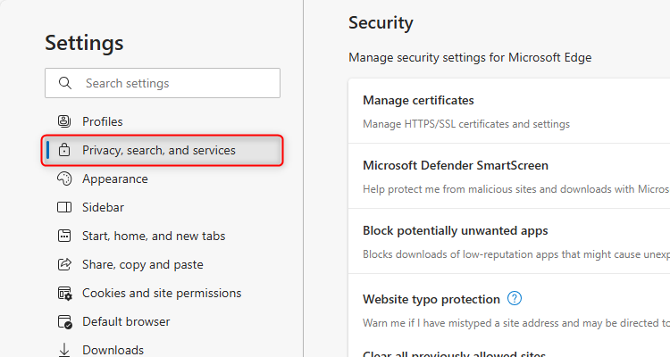 The Privacy, Search, and Services menu in Microsoft Edge's settings.