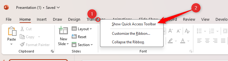 The Show Quick Access Toolbar option in PowerPoint
