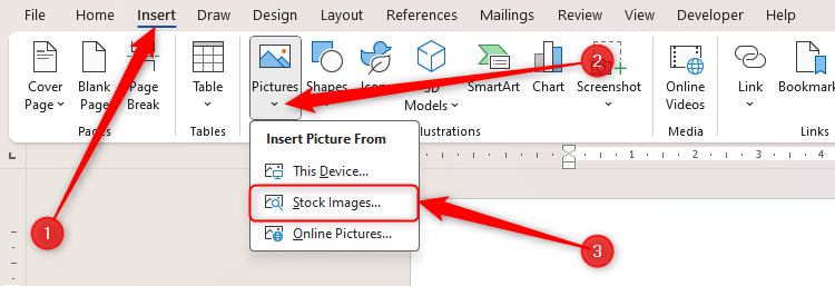 The Stock Images option in the Insert Pictures menu on Word.