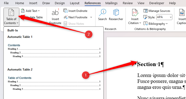 The table of contents options in Microsoft Word.