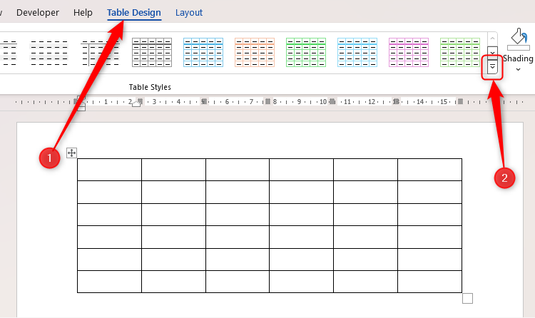 The Table Styles drop-down arrow in the Table Design tab in Microsoft Word