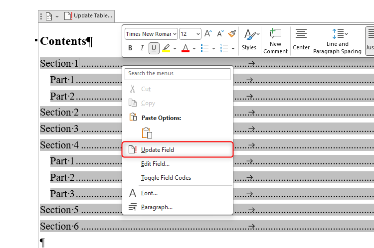 The Update Field option on a table of contents in Microsoft Word, accessed via a right-click.