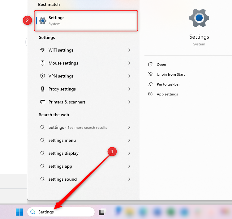 The Windows 11 taskbar search with Settings typed into the search bar, and the Settings option selected.