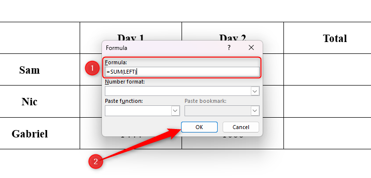 The Word Formula dialog box with =SUM(LEFT) typed into the Formula field.