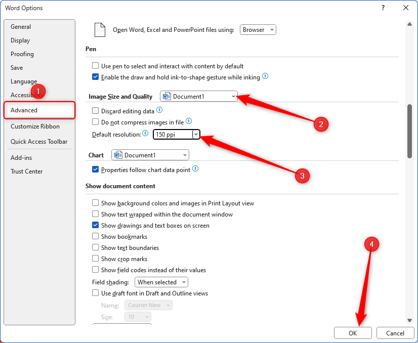 The Word Options dialog box with the Advanced tab opened, and the image resolution changed to 150 PPI.