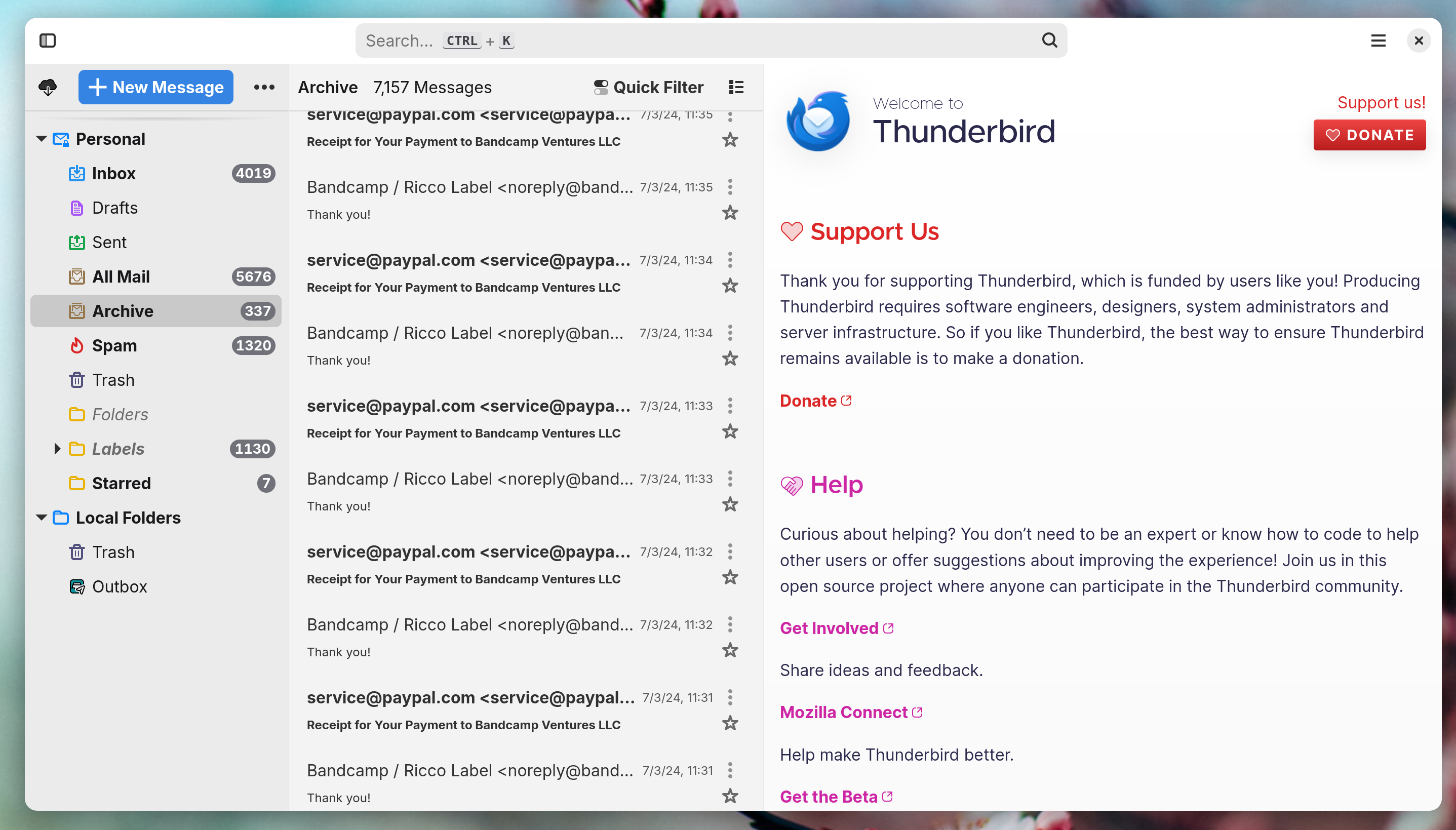 Thunderbird email client with GNOME theme installed on Linux.