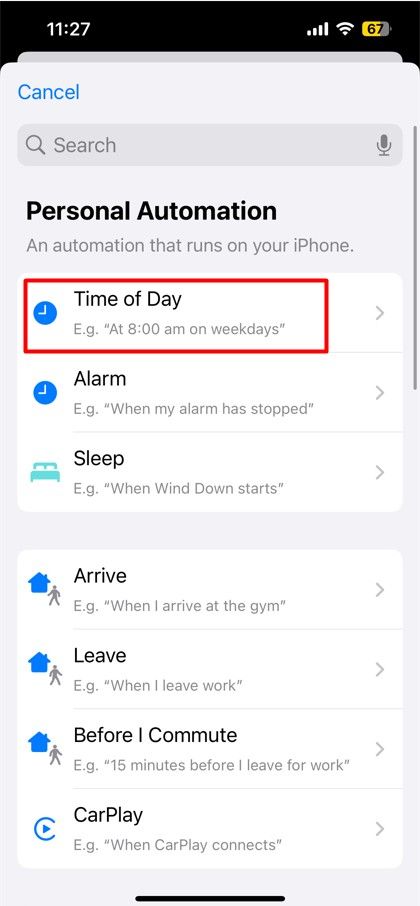 Time of Day option in the Shortcuts app.