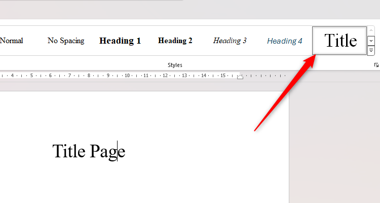 A Word document containing the text 'Title Page' and the Title style selected in the Style Gallery.