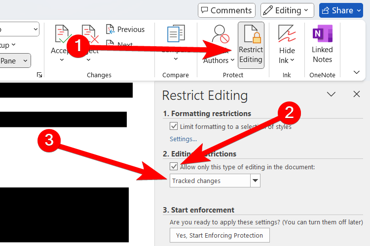 Restricting editing to tracked changes in Microsoft Word.